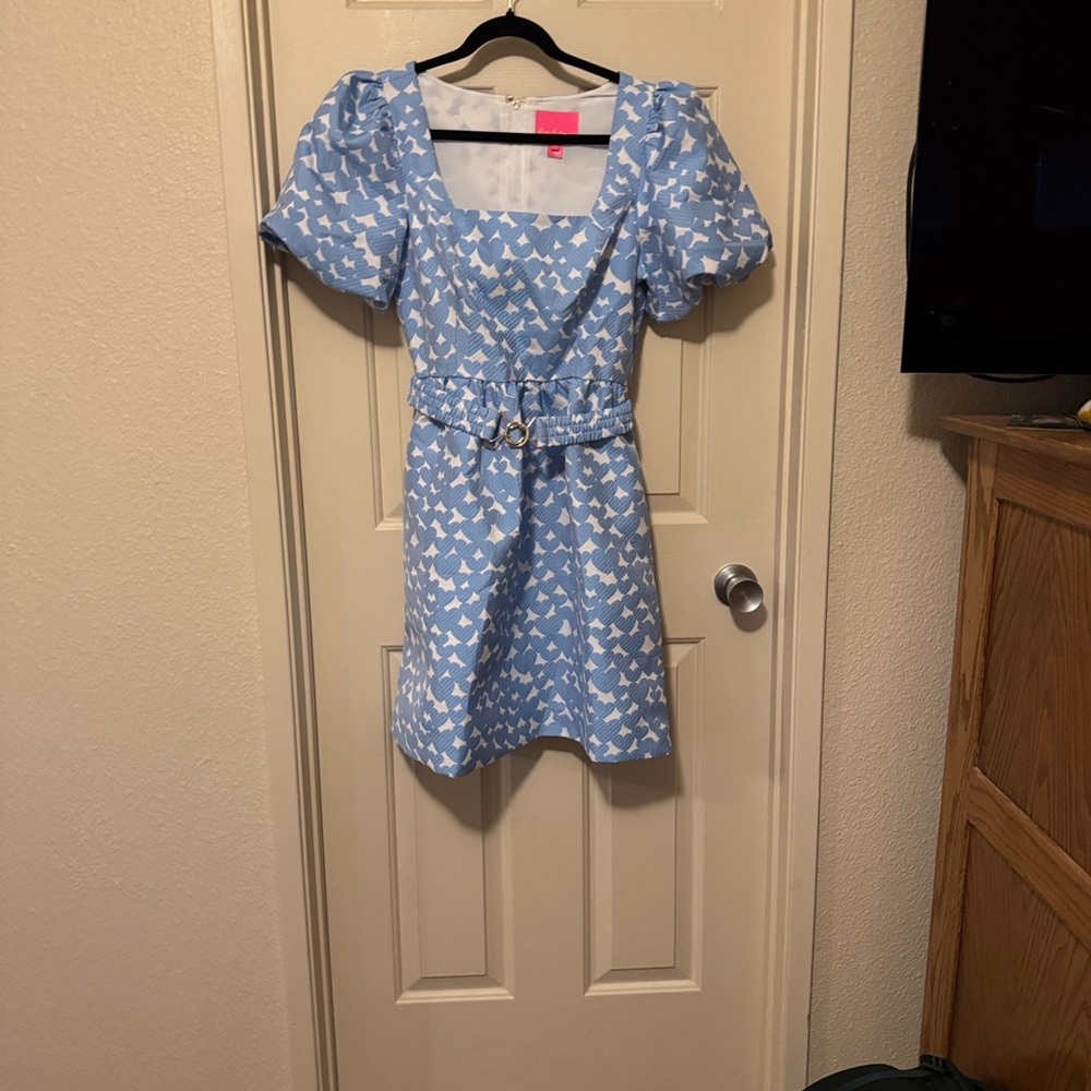 Lilly Pulitzer Blue and White Puff-Sleeve Belted Mini Dress - Picture 2 of 4